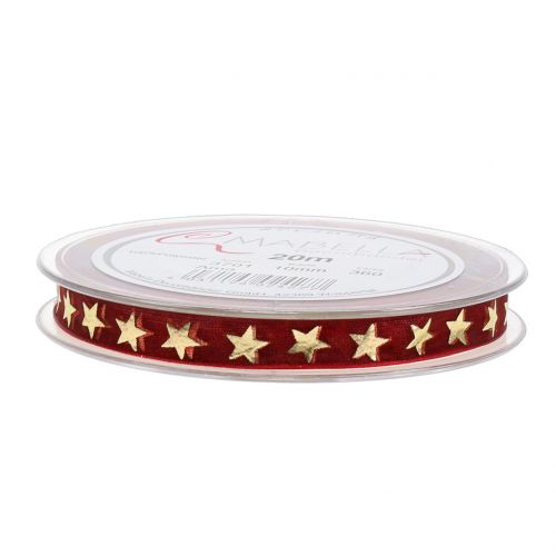 Floristik24 Fita de organza vermelho escuro com estrelas douradas 10mm 20m