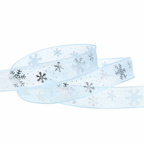 Floristik24 Fita de organza floco de neve azul claro 15mm 20m