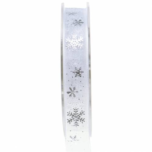 Floristik24 Fita de organza com floco de neve branco 15mm 20m