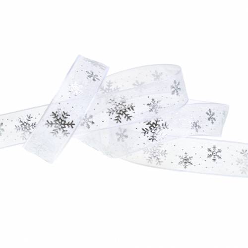 Floristik24 Fita de organza com floco de neve branco 15mm 20m