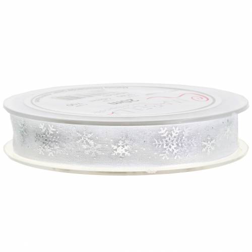 Floristik24 Fita de organza com floco de neve branco 15mm 20m