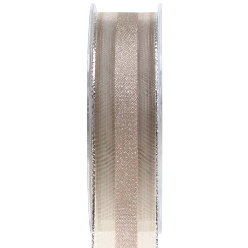 Floristik24 Fita de organza com padrão de listras marrom 25mm 20m