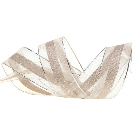 Floristik24 Fita de organza com padrão de listras marrom 25mm 20m