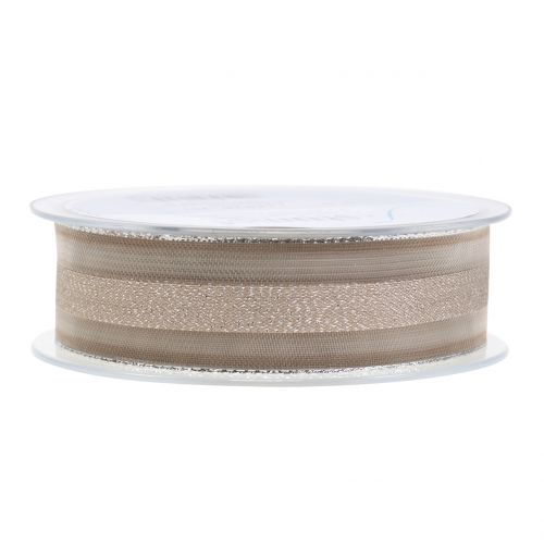 Floristik24 Fita de organza com padrão de listras marrom 25mm 20m