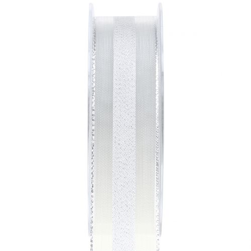 Floristik24 Fita de organza com padrão de listras branco 25mm 20m