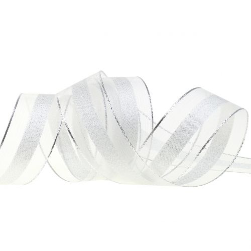 Floristik24 Fita de organza com padrão de listras branco 25mm 20m