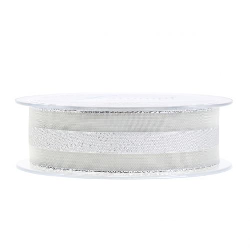 Floristik24 Fita de organza com padrão de listras branco 25mm 20m