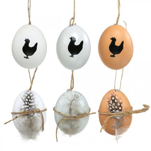 Floristik24 Decoração de Páscoa, ovos de galinha para pendurar, ovos decorativos de penas e frango, marrom, azul, branco conjunto de 6