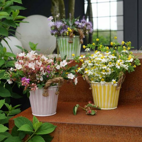 Itens Vaso decorativo, balde de metal para plantar, floreira com asas, rosa/verde/amarelo shabby chic Ø14,5cm H13cm conjunto de 3