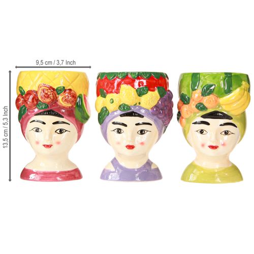 Itens Cabeça de planta menina com frutas cerâmica decorativa 13,5cm 3 peças