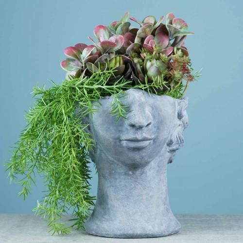 Itens Busto de cabeça de planta feito de concreto para plantio cinza H23,5cm