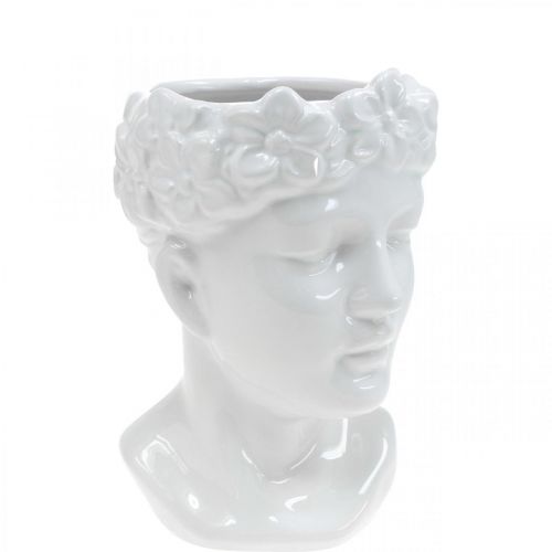 Vaso de cerâmica branca com busto de cabeça de planta e flor de mulher H19cm