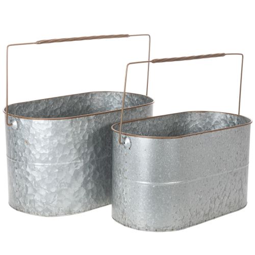 Floristik24 Vaso de plantas com alça, vaso de metal, floreira, prata, marrom, A22/20cm L42/40cm, conjunto de 2