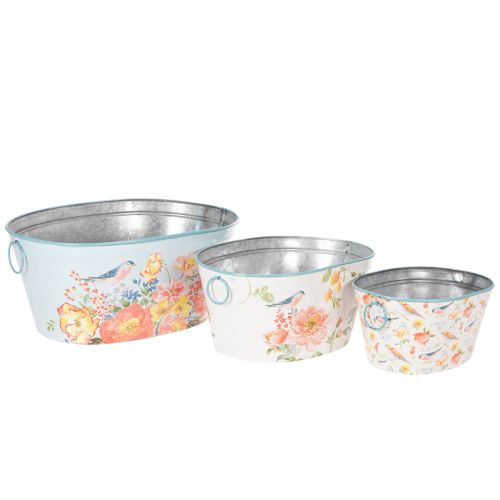 Vasos de plantio, primavera, floreiras/jardineiras para pássaros, recipiente oval de metal L39/31/24,5cm, conjunto de 3 | Floristik24.pt