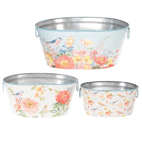 Vasos de plantio, primavera, floreiras/jardineiras para pássaros, recipiente oval de metal L39/31/24,5cm, conjunto de 3 | Floristik24.pt