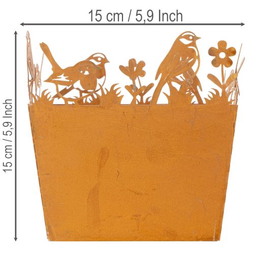 Vaso de metal com pássaros, floreira, primavera, acabamento enferrujado, 15,5 cm de altura | Floristik24.pt