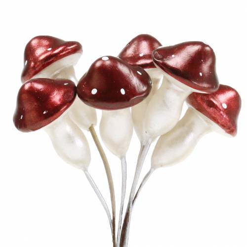 Floristik24 Toadstool em fio vermelho, branco metálico 2cm 48pcs