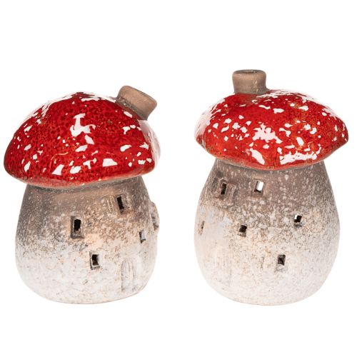 Casa de Cogumelo com Farol, Figura Decorativa de Amanita muscaria com Chaminé, 10cm, 2 peças