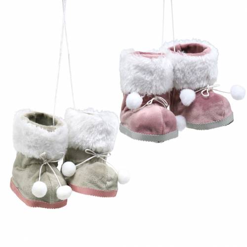 Floristik24 Par de sapatos de pelúcia para decorações para árvores de Natal cinza / rosa 10 cm x 8 cm 2 unidades