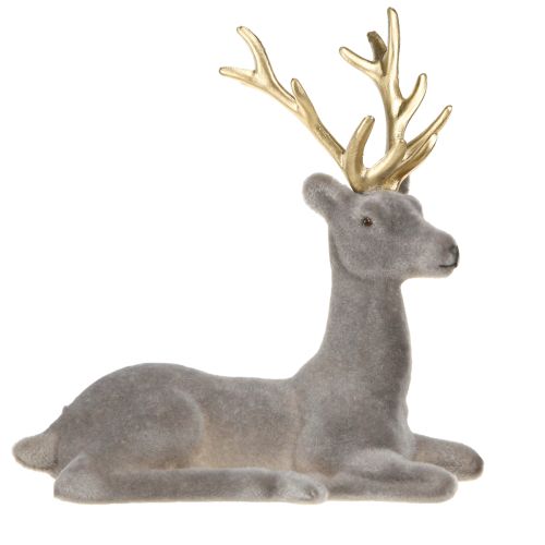 Decoração de veado sentado flocado cinza dourado 15×6×15,5cm