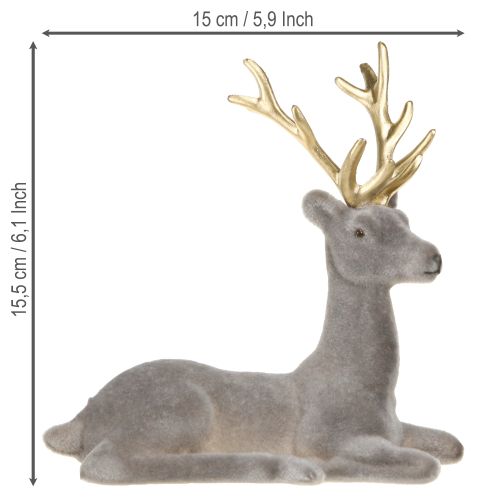 Itens Decoração de veado sentado flocado cinza dourado 15×6×15,5cm