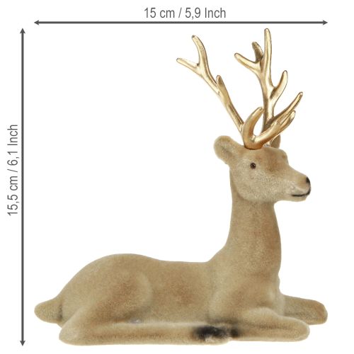 Floristik24 Decoração de veado sentado flocado marrom claro 15×6×15,5cm