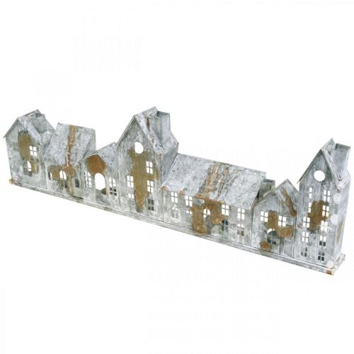 Casinhas iluminadas, decoração de janela, luminárias prateadas, lanterna de metal com aparência antiga, 67,5 cm de comprimento x 20 cm de altura. | Floristik24.pt