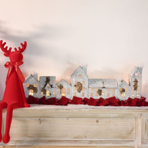 Casinhas iluminadas, decoração de janela, luminárias prateadas, lanterna de metal com aparência antiga, 67,5 cm de comprimento x 20 cm de altura. | Floristik24.pt
