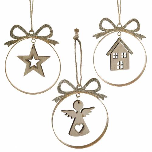 Floristik24 Cabide decorativo Bola de árvore de Natal com estrela, anjo e metal doméstico, madeira Ø8,5cm Alt.11cm 3 unidades