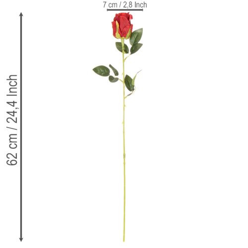 Rosa artificial com haste longa, flor artificial vermelha, 62 cm, 12 peças | Floristik24.pt
