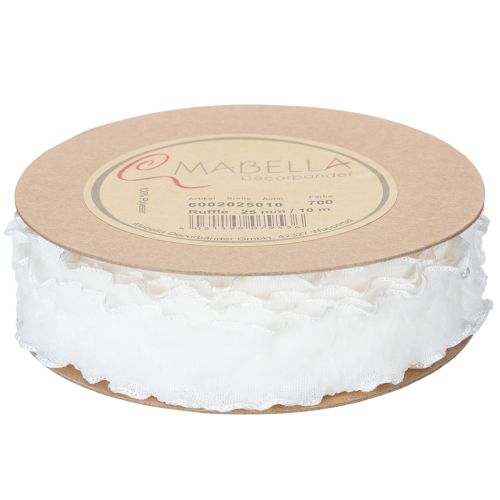 Fita de organza branca com babados, fita decorativa, 25 mm de largura, 10 m de comprimento. | Floristik24.pt