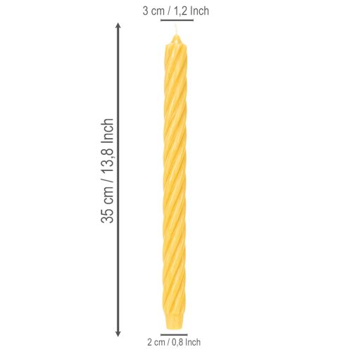 Velas rústicas torcidas, velas altas e cônicas, amarelo sólido, 350/28 mm, conjunto de 4 peças. | Floristik24.pt