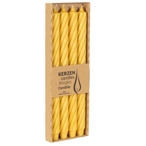 Velas rústicas torcidas, velas altas e cônicas, amarelo sólido, 350/28 mm, conjunto de 4 peças. | Floristik24.pt