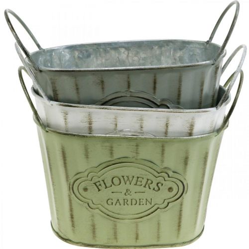 Floristik24 Vaso de flores feito de tigela de metal com alças verde, branco, cinza C24cm Alt.14,5cm 3 unidades