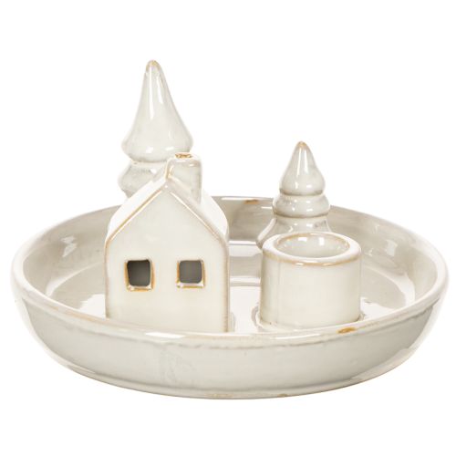 Castiçal decorativo de cerâmica com casa e árvores, 16 cm | Floristik24.pt