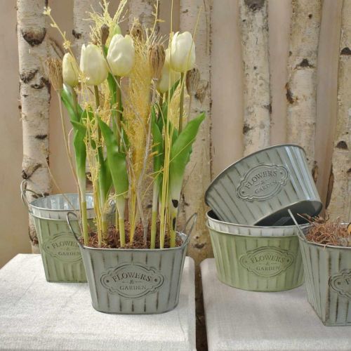 Floristik24 Vaso de flores feito de tigela de metal com alças verde, branco, cinza C24cm Alt.14,5cm 3 unidades