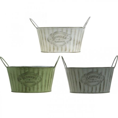 Floristik24 Tigela de metal, vaso de flores de primavera, plantador com alças verde, branco, cinza Ø21cm A15,5cm conjunto de 3