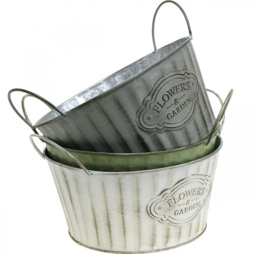 Floristik24 Tigela de metal, vaso de flores de primavera, plantador com alças verde, branco, cinza Ø21cm A15,5cm conjunto de 3