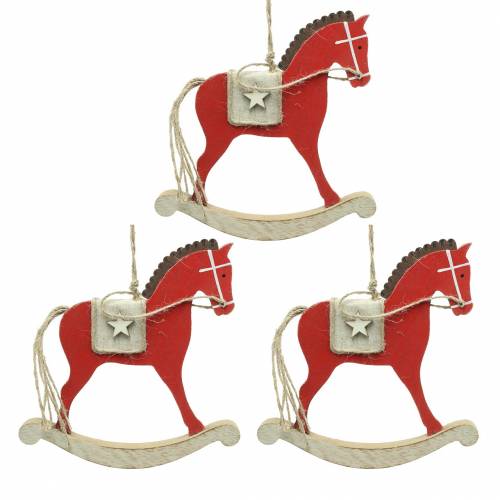 Floristik24 Cavalo de balanço para pendurar madeira vermelha Alt.17 cm 3 unidades Nostálgicas decorações para árvores