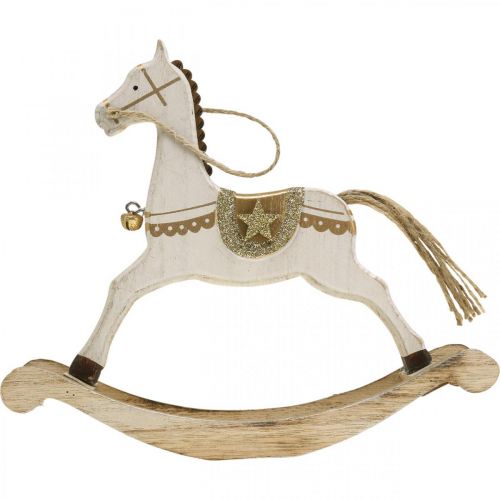 Floristik24 Cavalo de balanço de madeira, decoração de Natal Branco Dourado H18cm