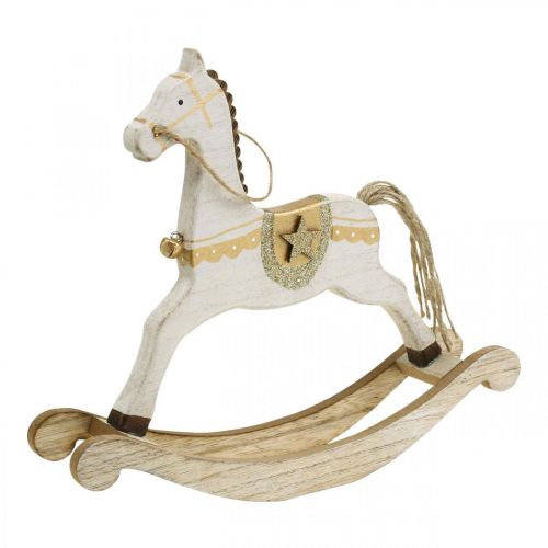 Cavalo de balanço de madeira, decoração de Natal Branco Dourado H24cm