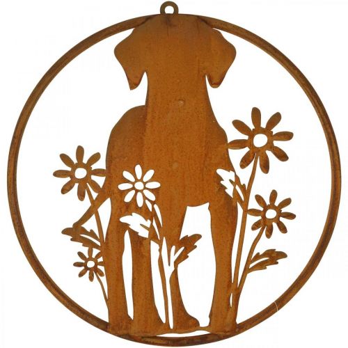 Placa de metal pátina cão com flores Ø38cm