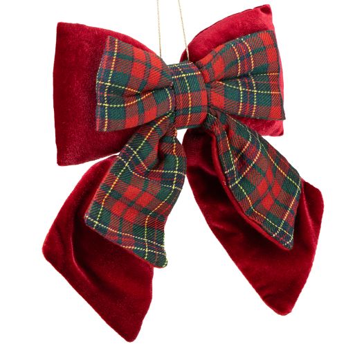 Laço de veludo xadrez escocês vermelho para ambientes internos 21×23cm