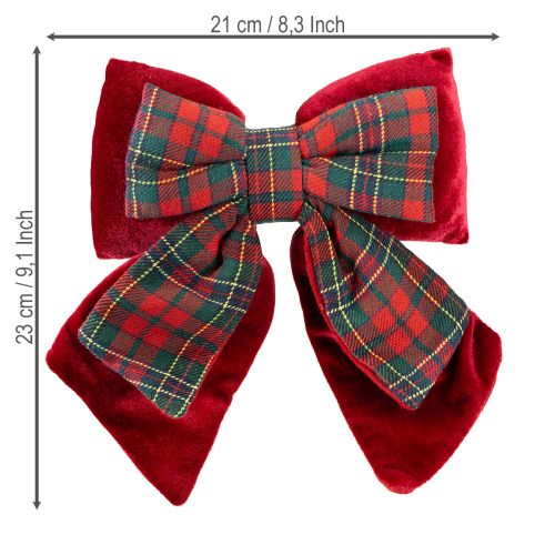 Floristik24 Laço de veludo xadrez escocês vermelho para ambientes internos 21×23cm