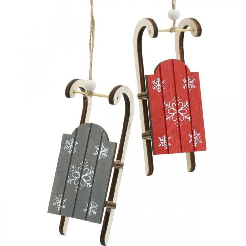 Trenó de madeira, decoração de inverno para pendurar, decoração para Advento cinza / vermelho L13cm 6 unidades