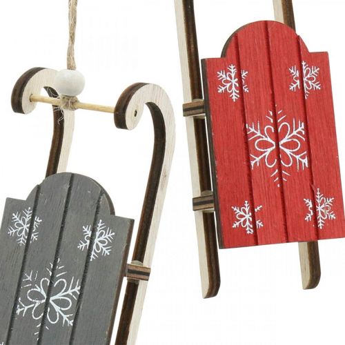 Floristik24 Trenó de madeira, decoração de inverno para pendurar, decoração para Advento cinza / vermelho L13cm 6 unidades