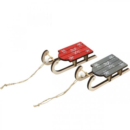 Floristik24 Trenó de madeira, decoração de inverno para pendurar, decoração para Advento cinza / vermelho L13cm 6 unidades