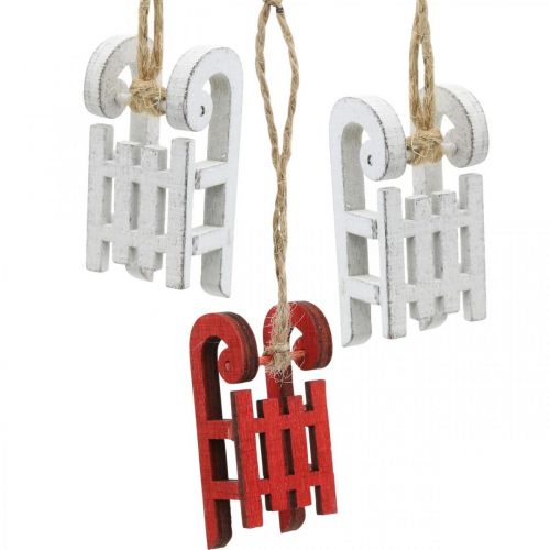 Floristik24 Trenó decorativo para pendurar, decorações para árvores de Natal, decorações de inverno branco / vermelho L4,5 cm 12 unidades