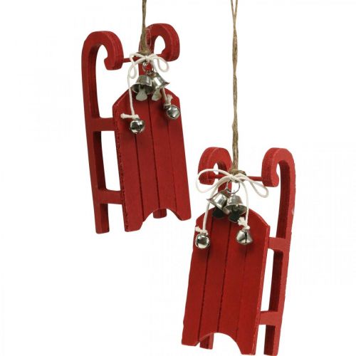 Trenó decorativo em madeira vermelha com cordão de sino C13cm 4 peças