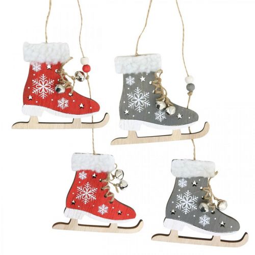 Par de patins de gelo para pendurar, decoração de inverno, pingente de Natal, decoração de madeira vermelha / cinza C50cm 4 unidades